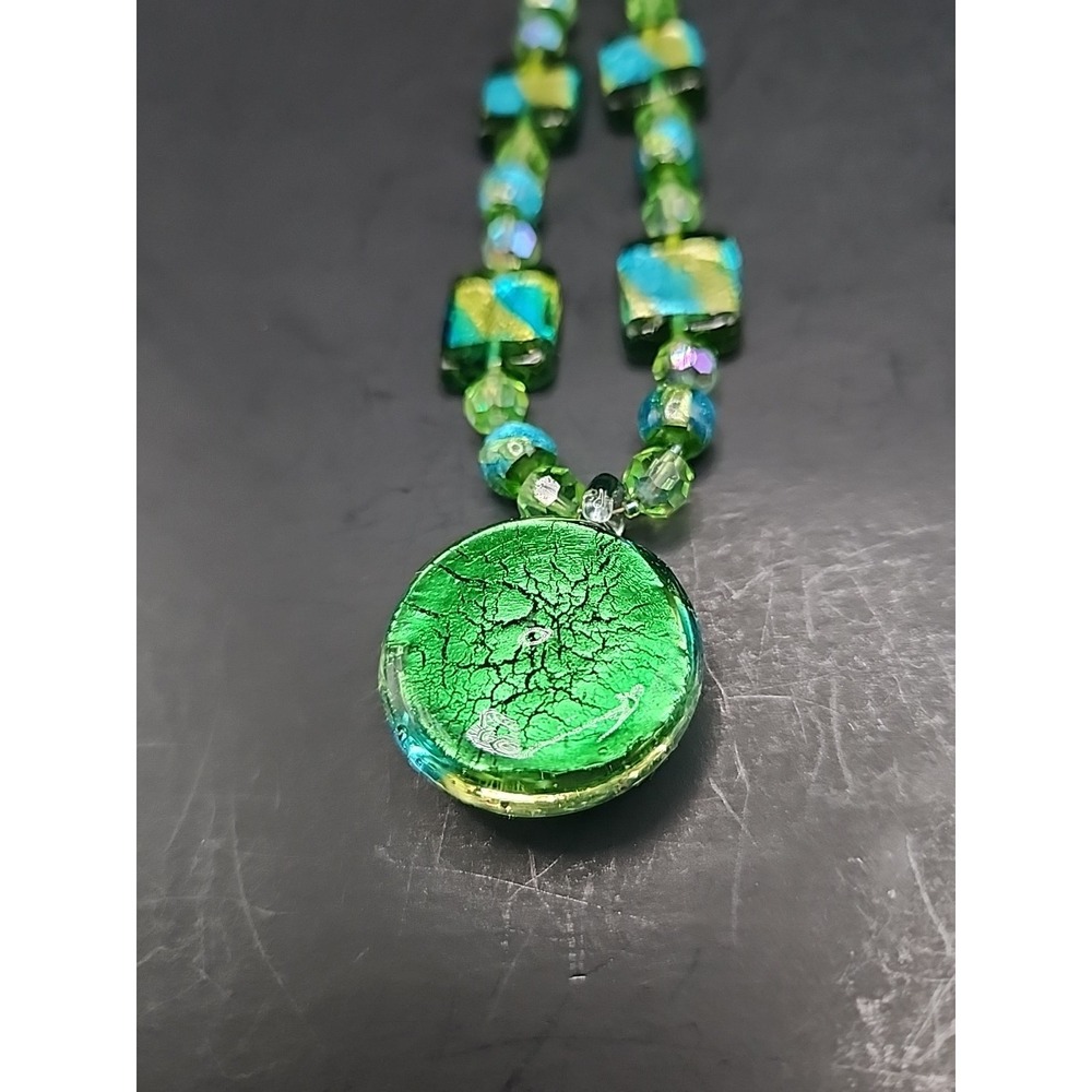 Vintage Handcrafted Art Glass Beaded Necklace Green, Blue, Metallic Foil 21" - Picture 15 of 16
